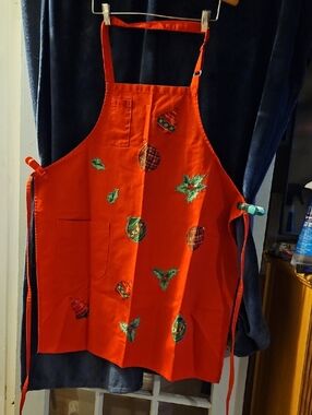 Red Holiday Apron with Plaid Ornaments